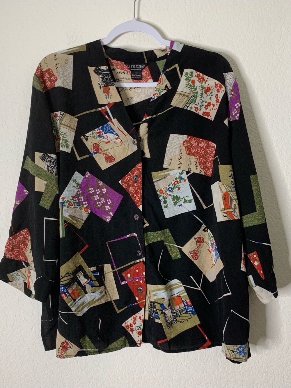 Citron black Silk Button Down Japanese Playing Card Pattern Blouse 2X